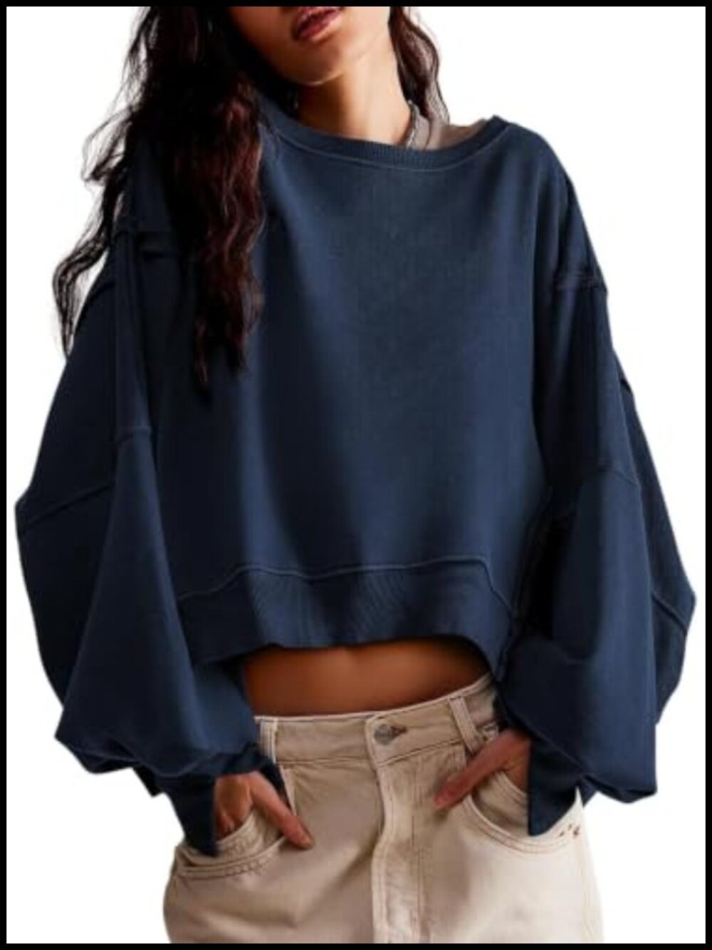 Womens Cropped Sweatshirt Long Sleeve Crewneck Pullover Side Slit
